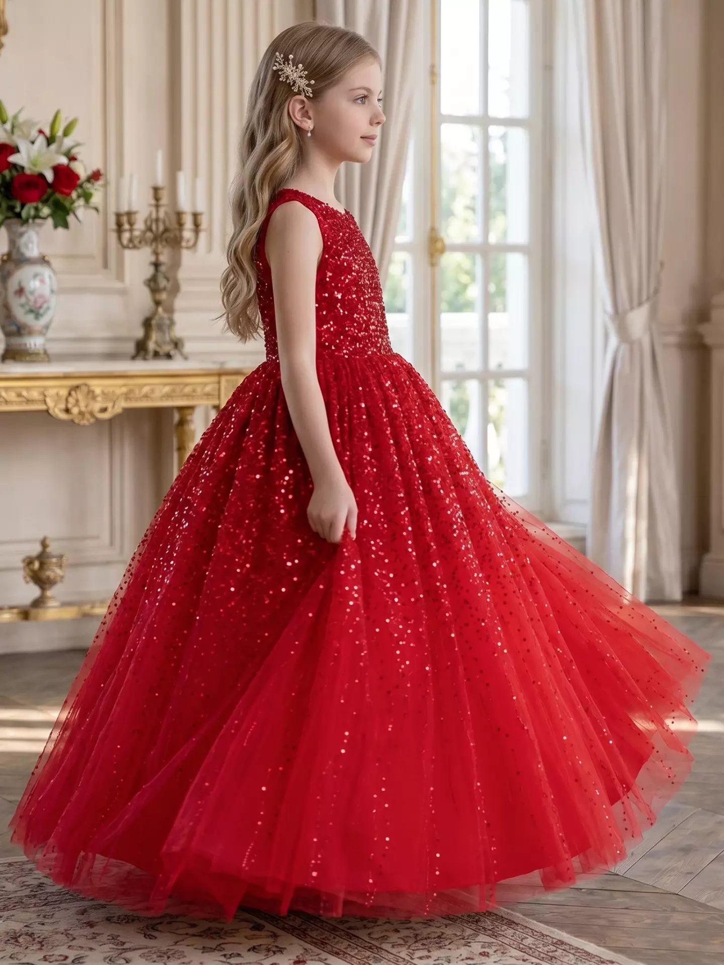 Emiliana Red Sequin V-Back Tulle Tea Length Girls Party Dress