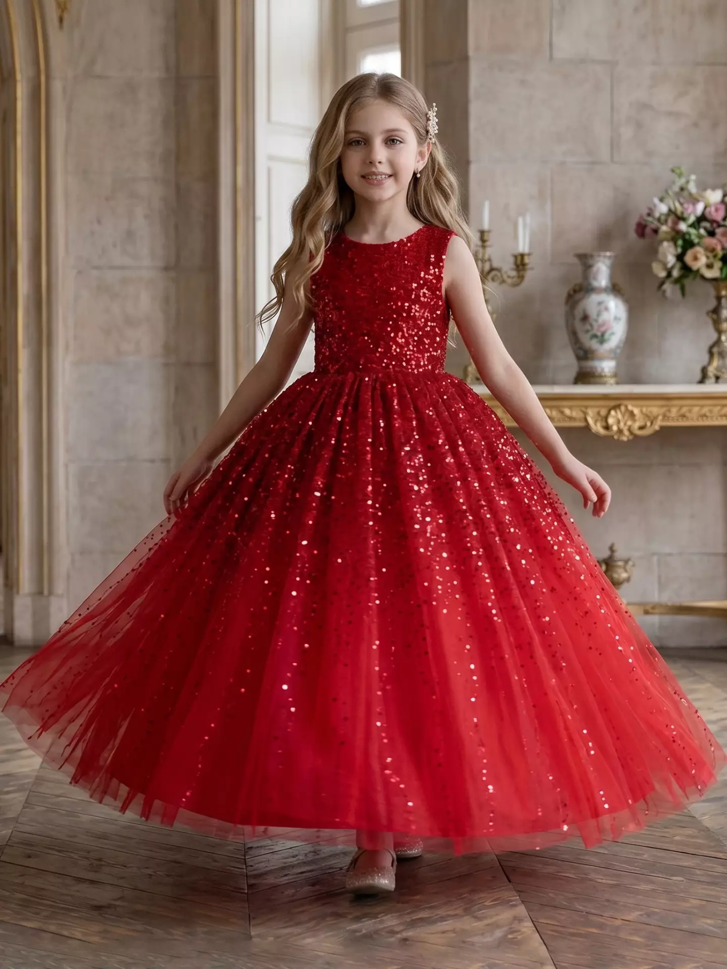 Emiliana Red Sequin V-Back Tulle Tea Length Girls Party Dress