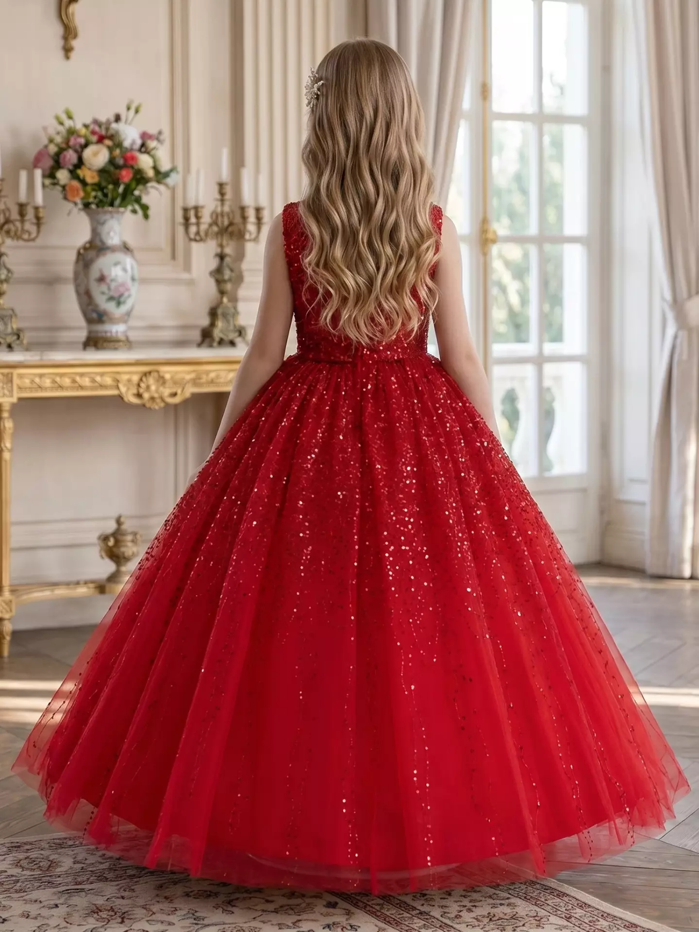 Emiliana Red Sequin V-Back Tulle Tea Length Girls Party Dress