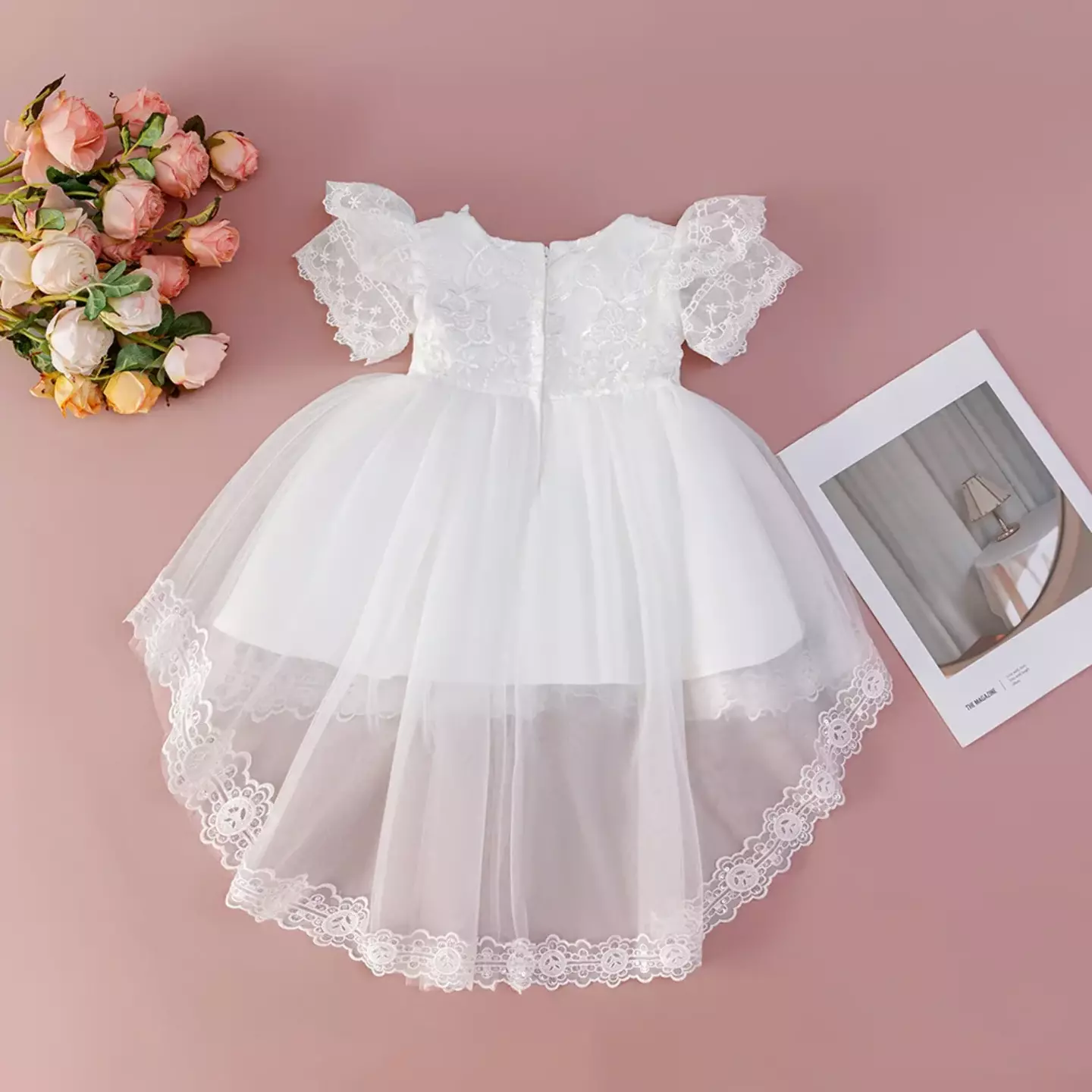 Maddison White Lace Puff Sleeve Tulle High-Low Baby Christening Dress