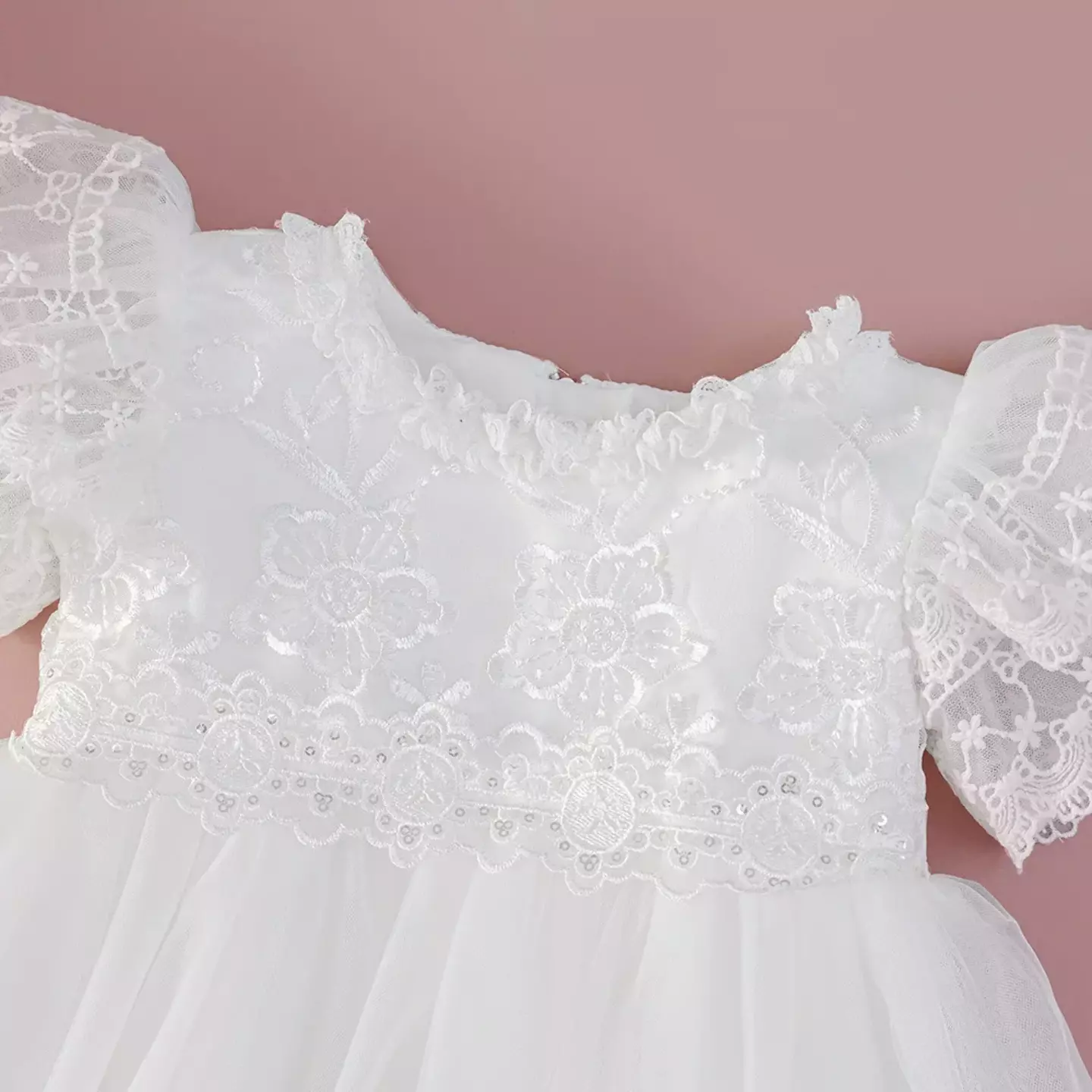 Maddison White Lace Puff Sleeve Tulle High-Low Baby Christening Dress