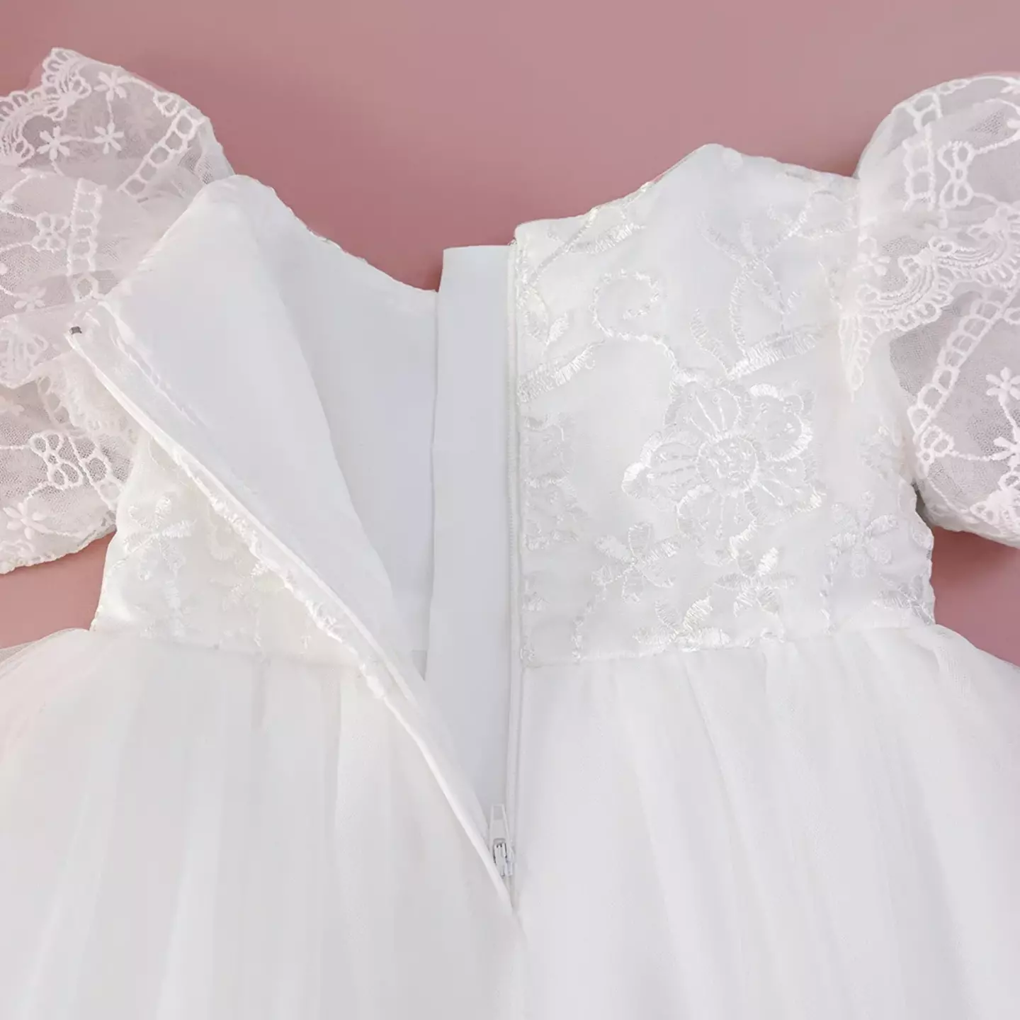 Maddison White Lace Puff Sleeve Tulle High-Low Baby Christening Dress