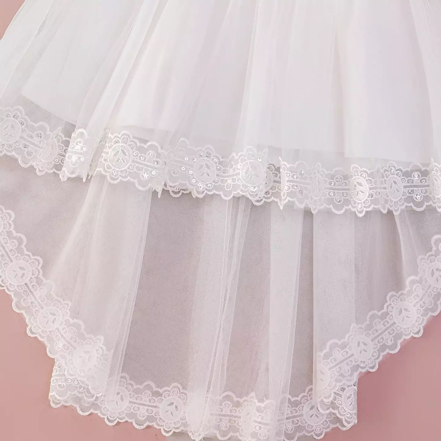 Maddison White Lace Puff Sleeve Tulle High-Low Baby Christening Dress