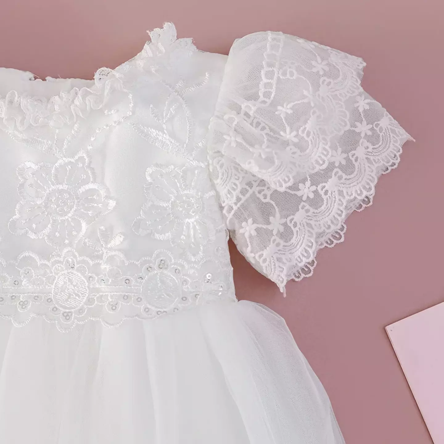 Maddison White Lace Puff Sleeve Tulle High-Low Baby Christening Dress