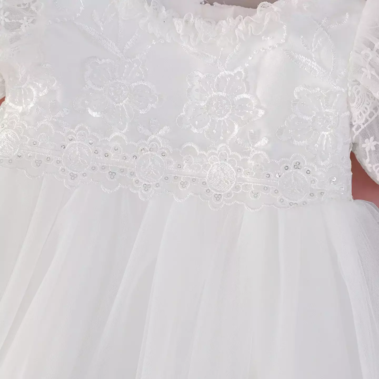 Maddison White Lace Puff Sleeve Tulle High-Low Baby Christening Dress
