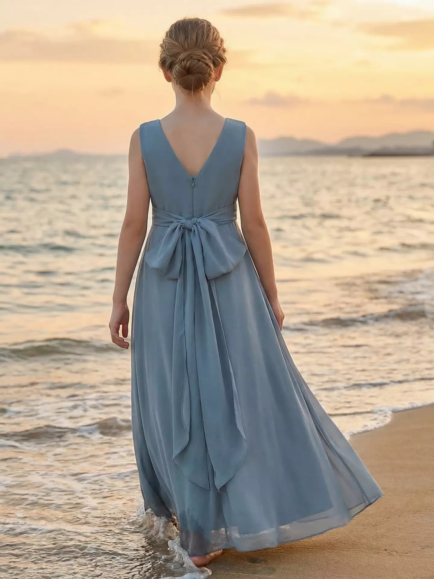 Inglis Blue Chiffon Pleated Ruffle V-Back Bow Floor Length Junior Bridesmaid Dress