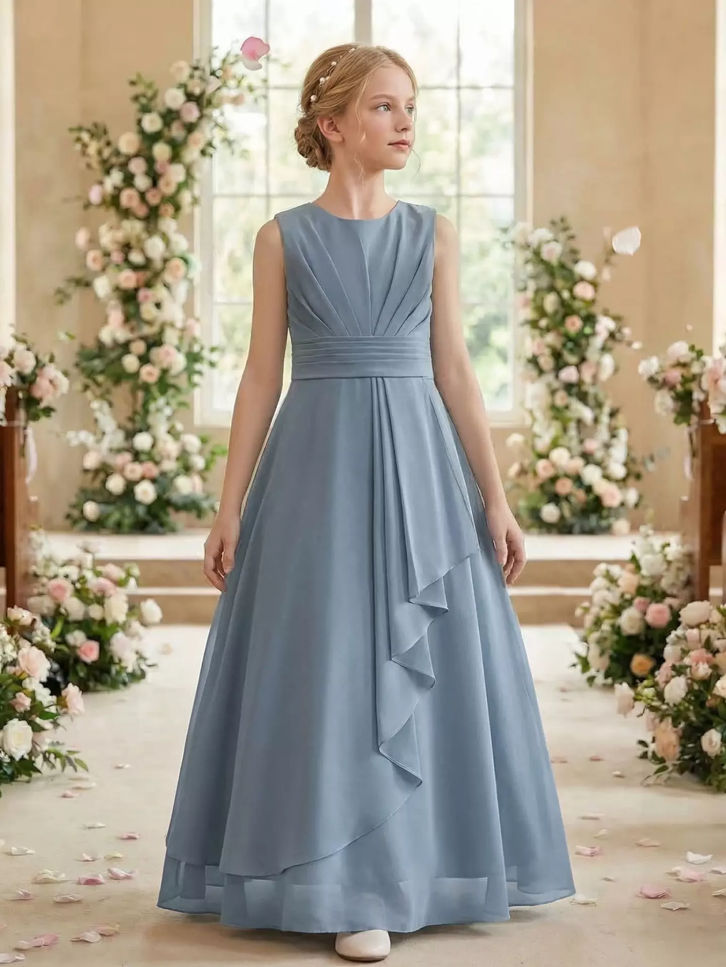 Inglis Blue Chiffon Pleated Ruffle V-Back Bow Floor Length Junior Bridesmaid Dress