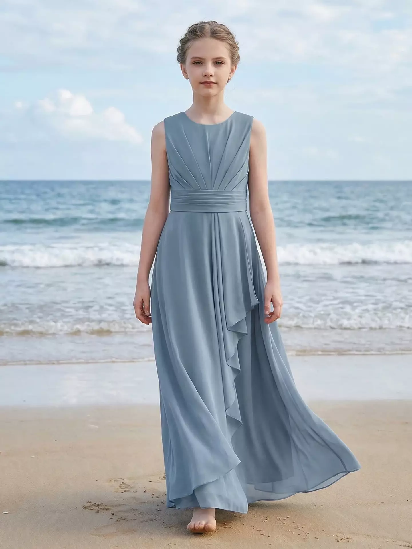Inglis Blue Chiffon Pleated Ruffle V-Back Bow Floor Length Junior Bridesmaid Dress