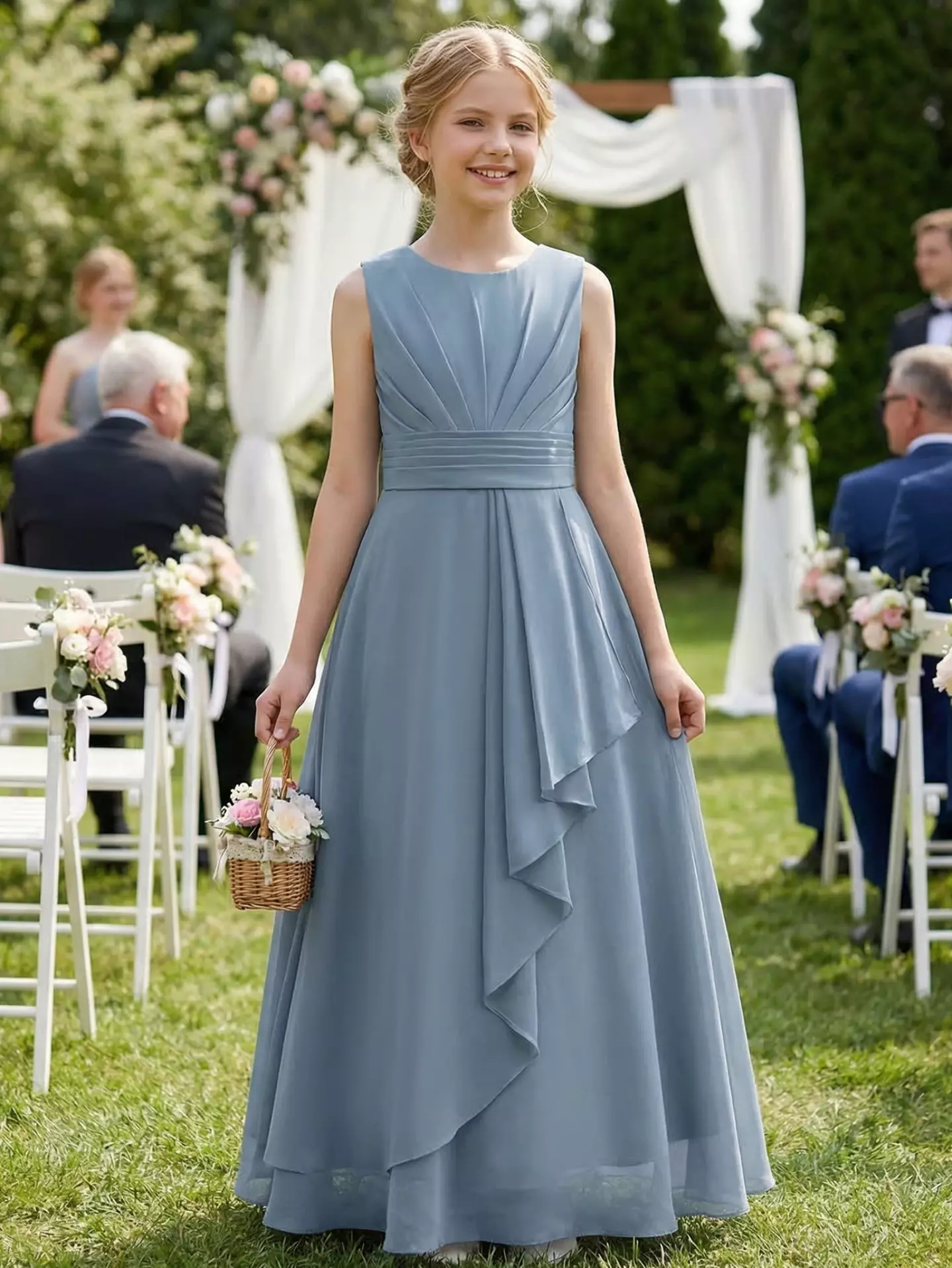 Inglis Blue Chiffon Pleated Ruffle V-Back Bow Floor Length Junior Bridesmaid Dress
