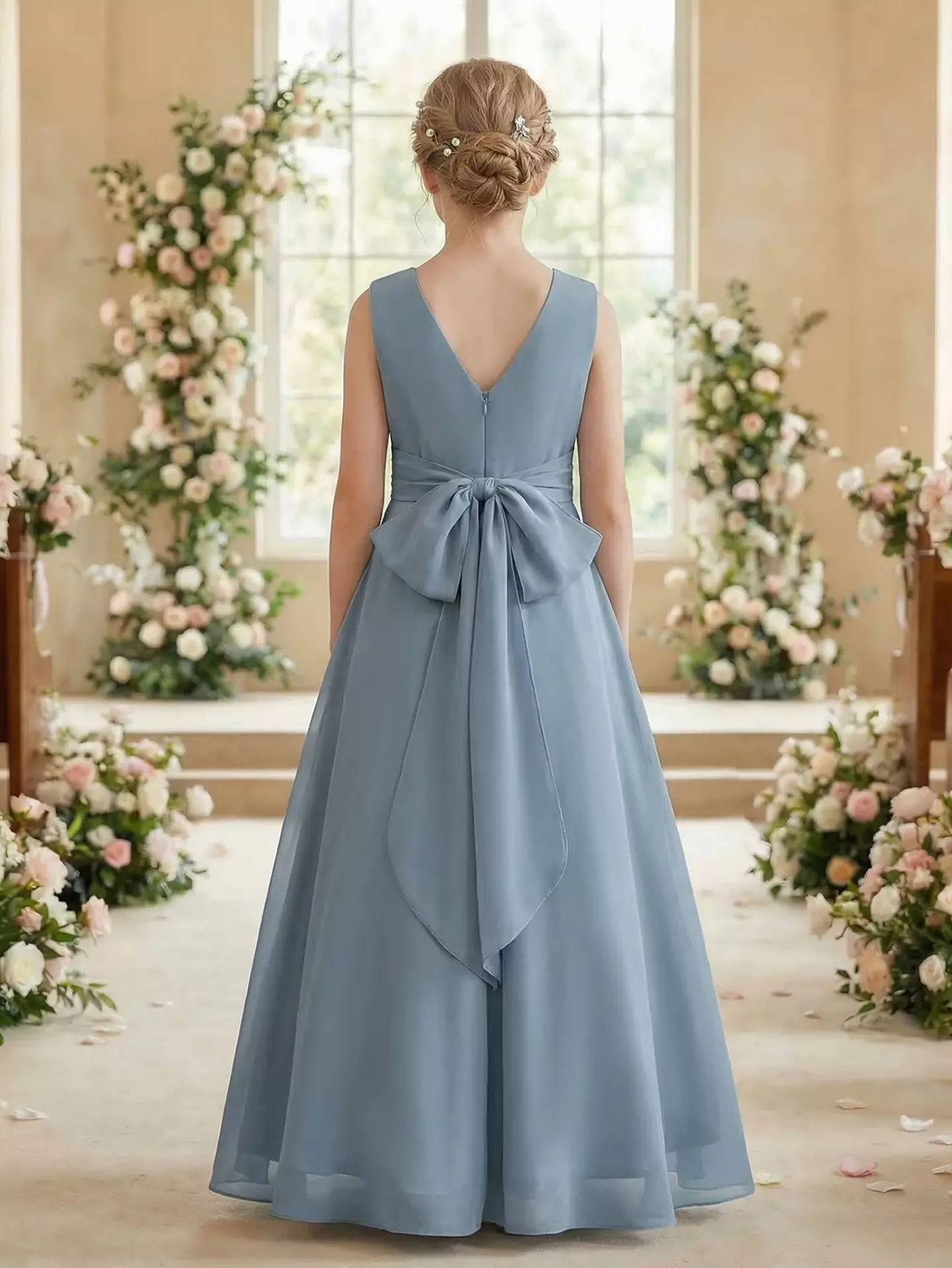 Inglis Blue Chiffon Pleated Ruffle V-Back Bow Floor Length Junior Bridesmaid Dress