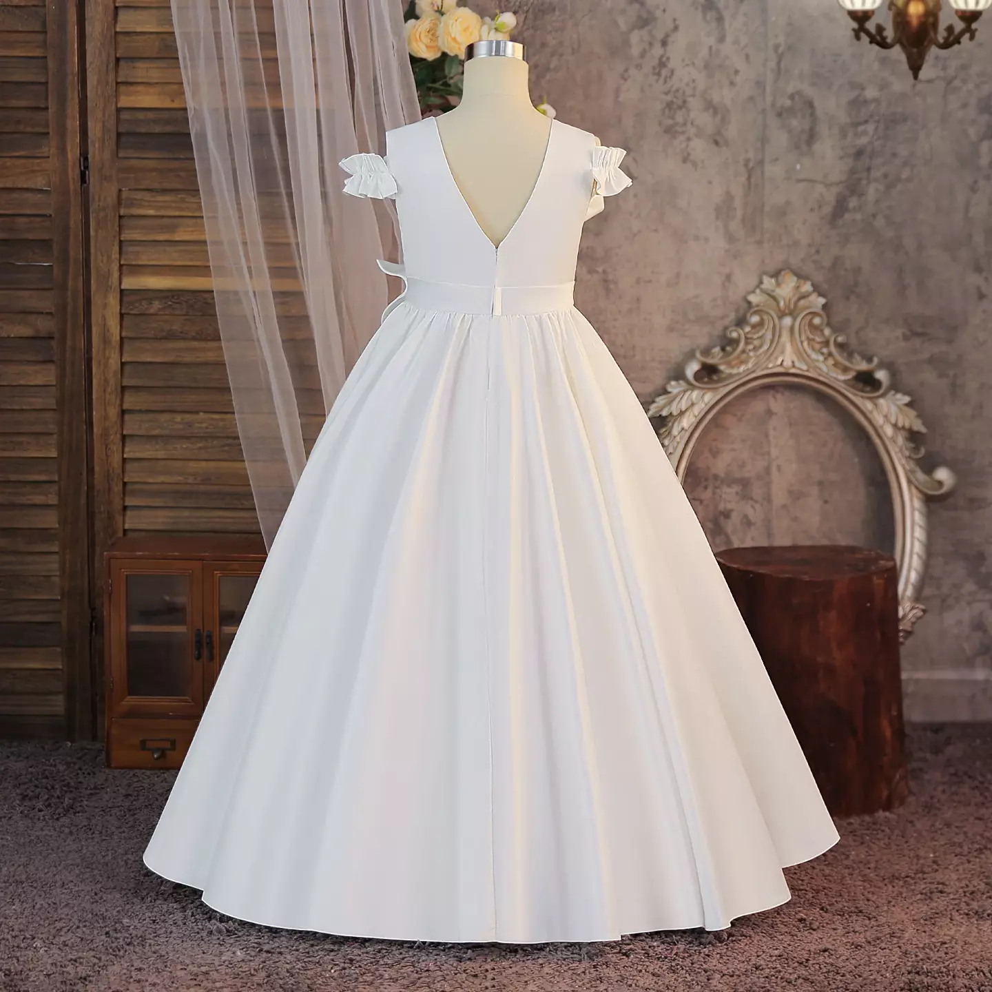 Arango White Satin Pleated Off-Shoulder Bow Tea Length Communion Dress