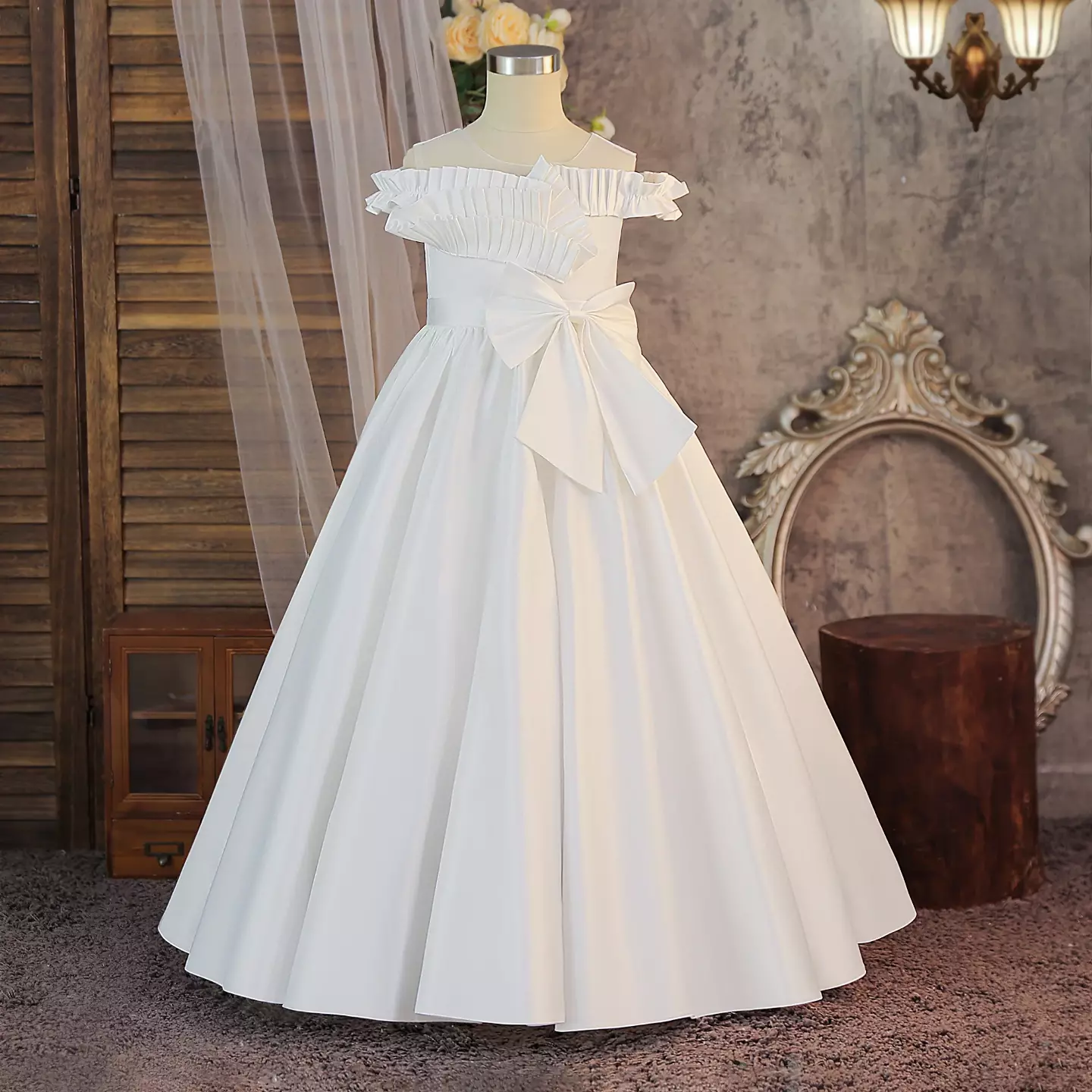 Arango White Satin Pleated Off-Shoulder Bow Tea Length Communion Dress