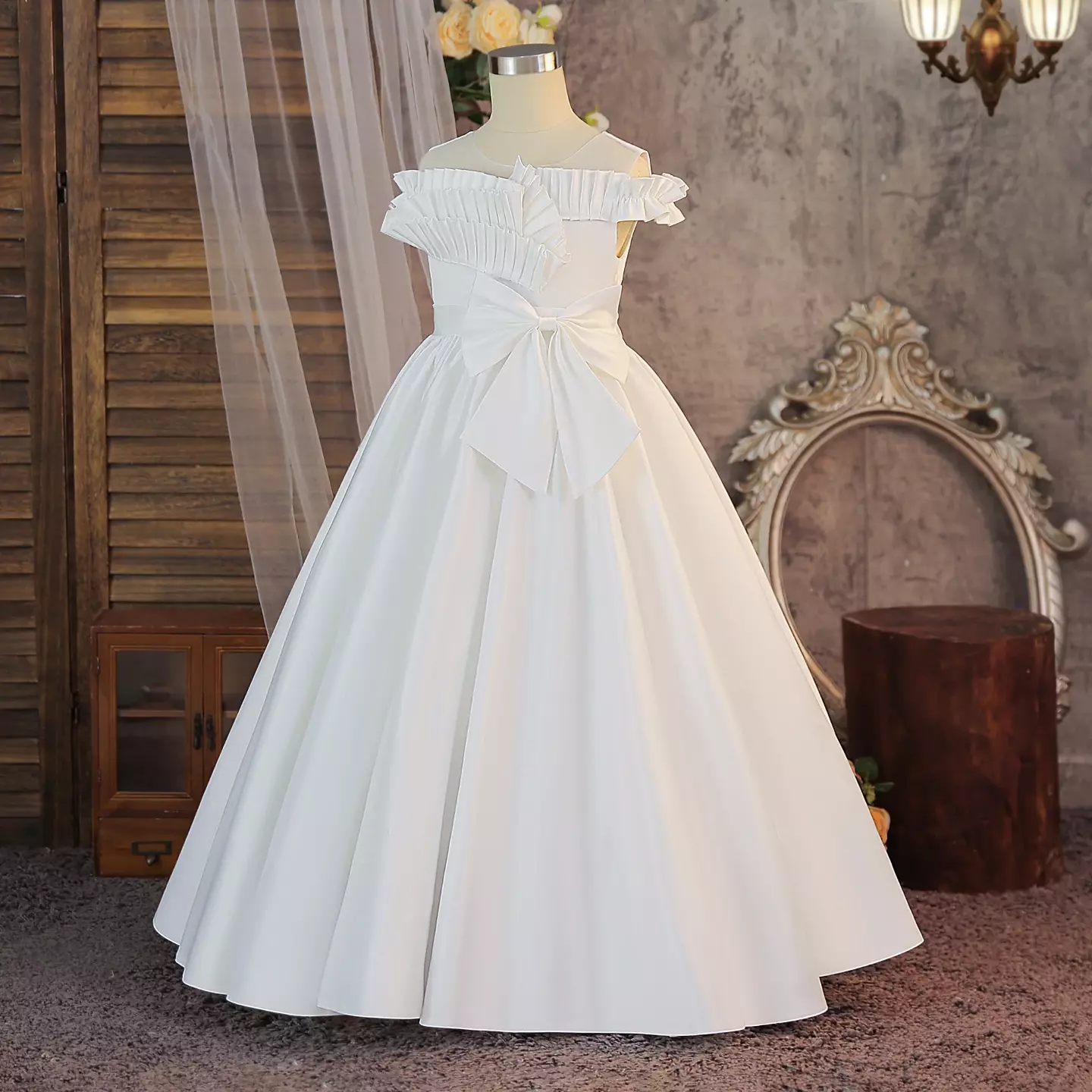 Arango White Satin Pleated Off-Shoulder Bow Tea Length Communion Dress