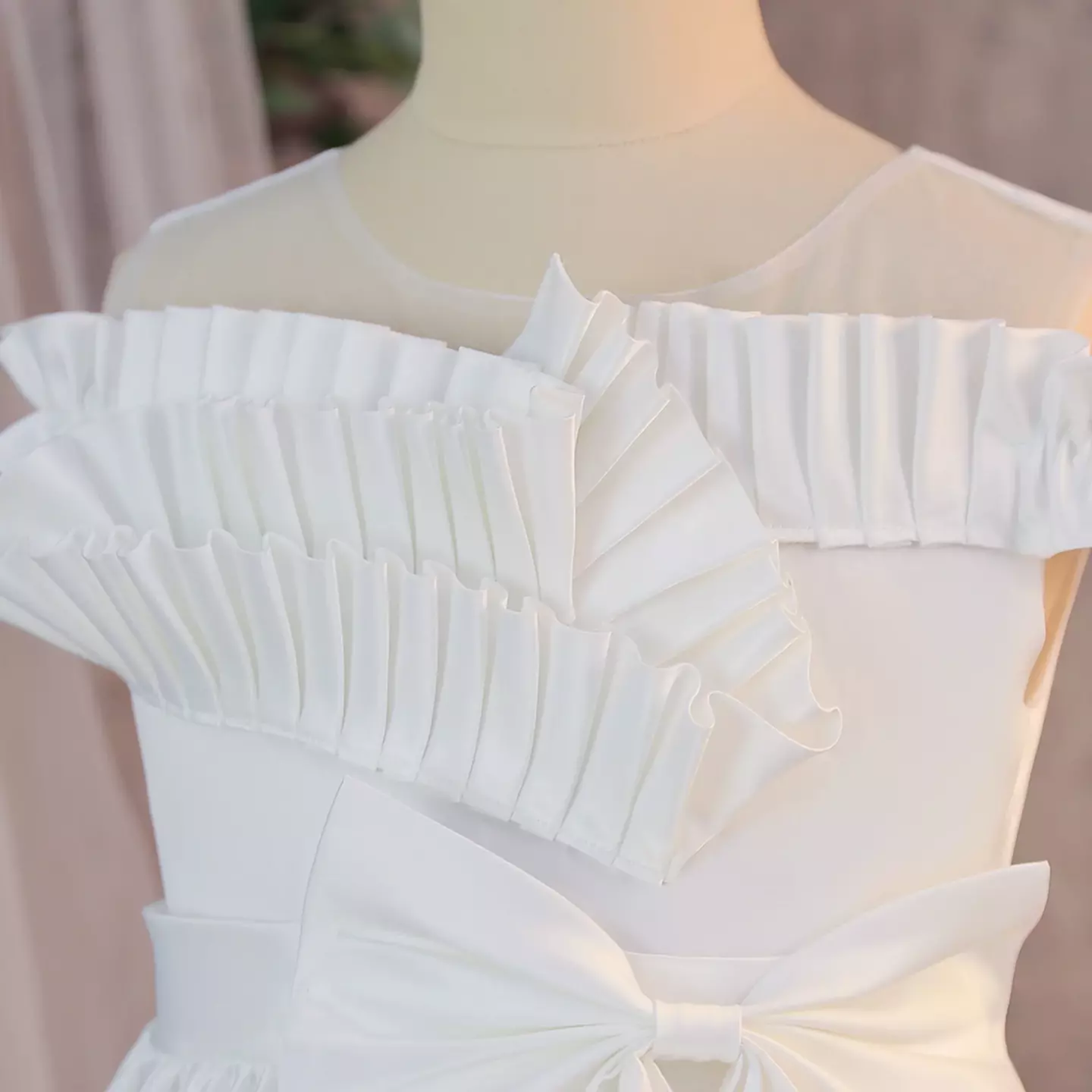 Arango White Satin Pleated Off-Shoulder Bow Tea Length Communion Dress
