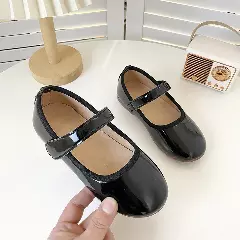 Girls Black Glossy Patent Single Strap Flats | Lucys 10729