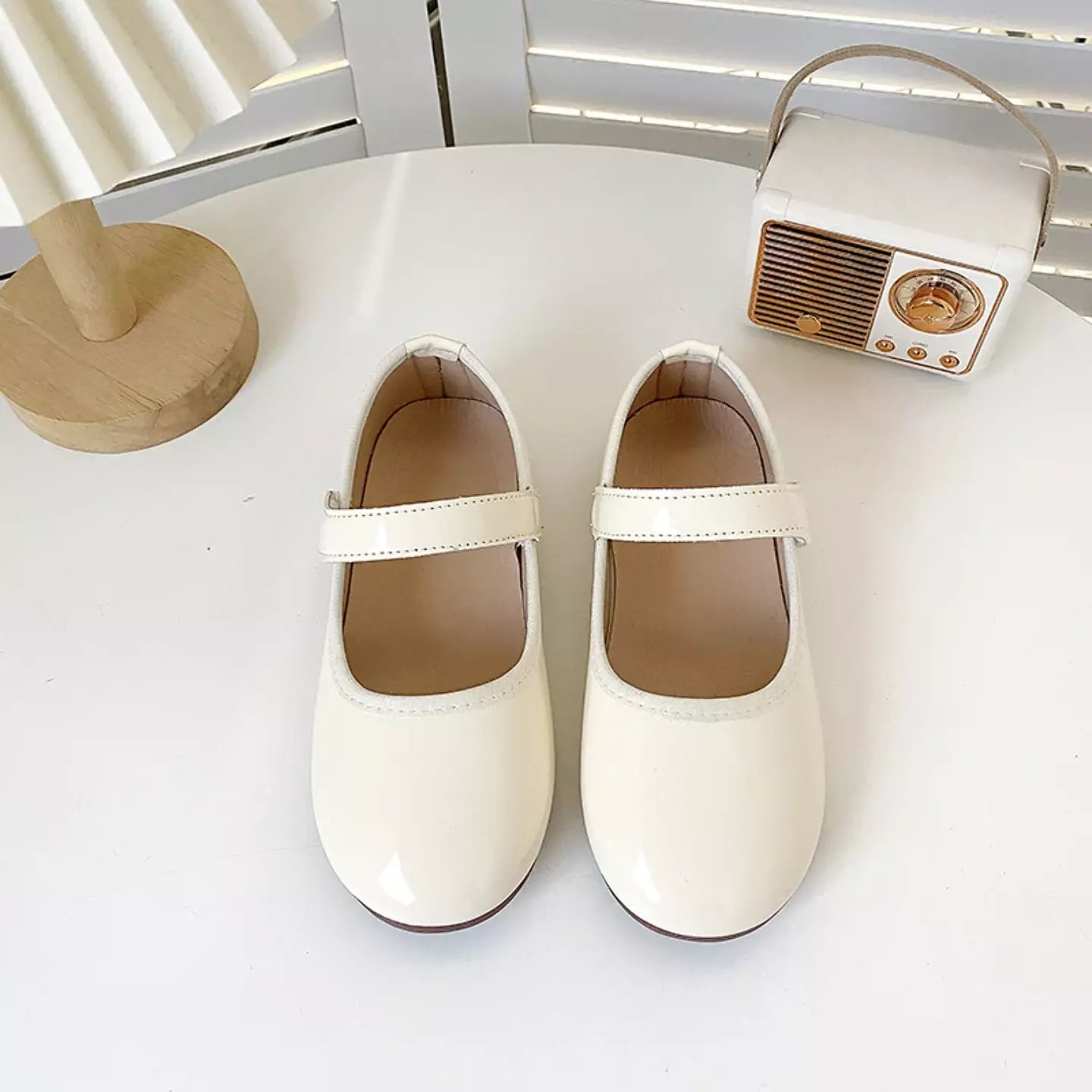 Girls Ivory Glossy Patent Single Strap Flats | Lucys 10730