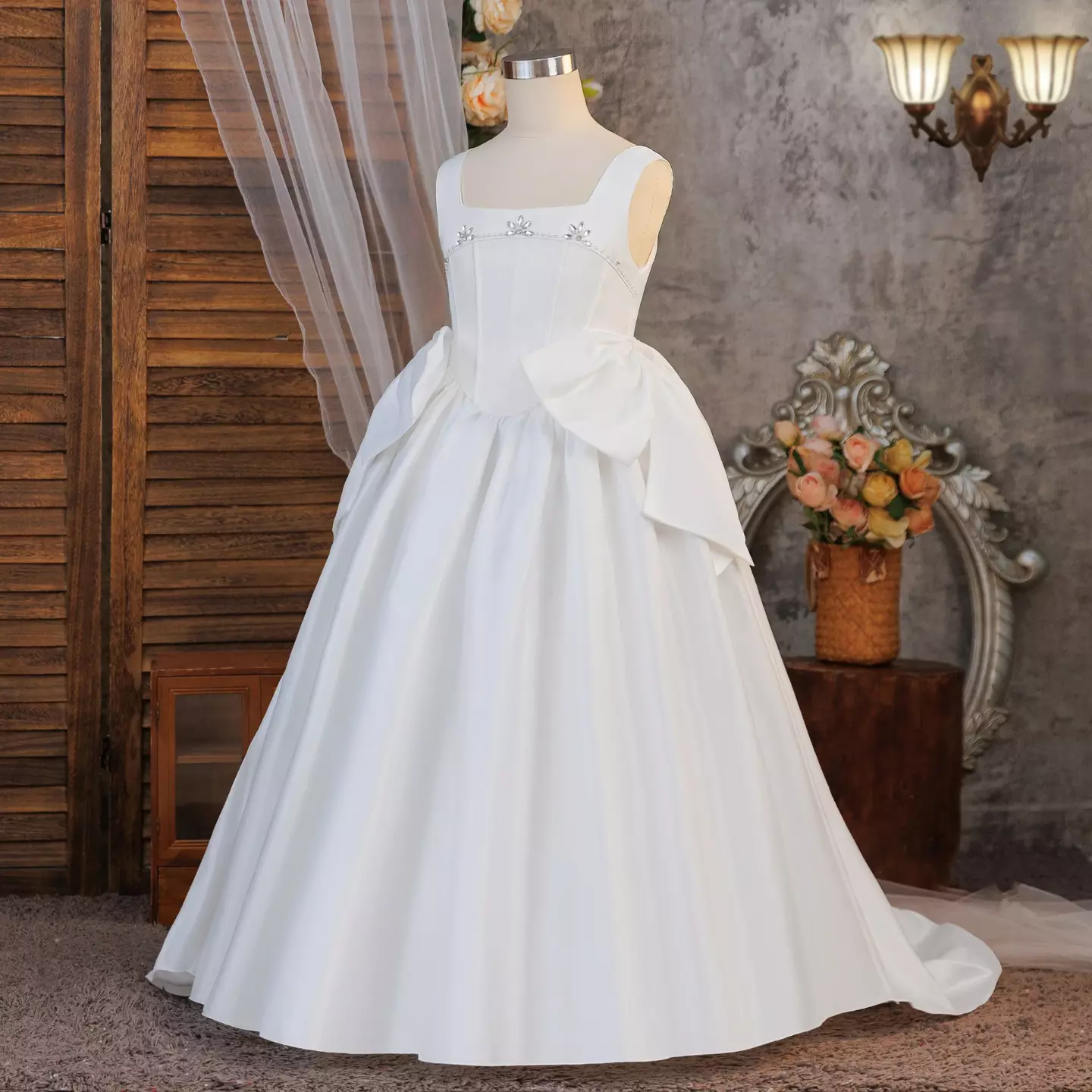 Guiomar White Satin Square Neck Bow Train Tea Length Communion Dress