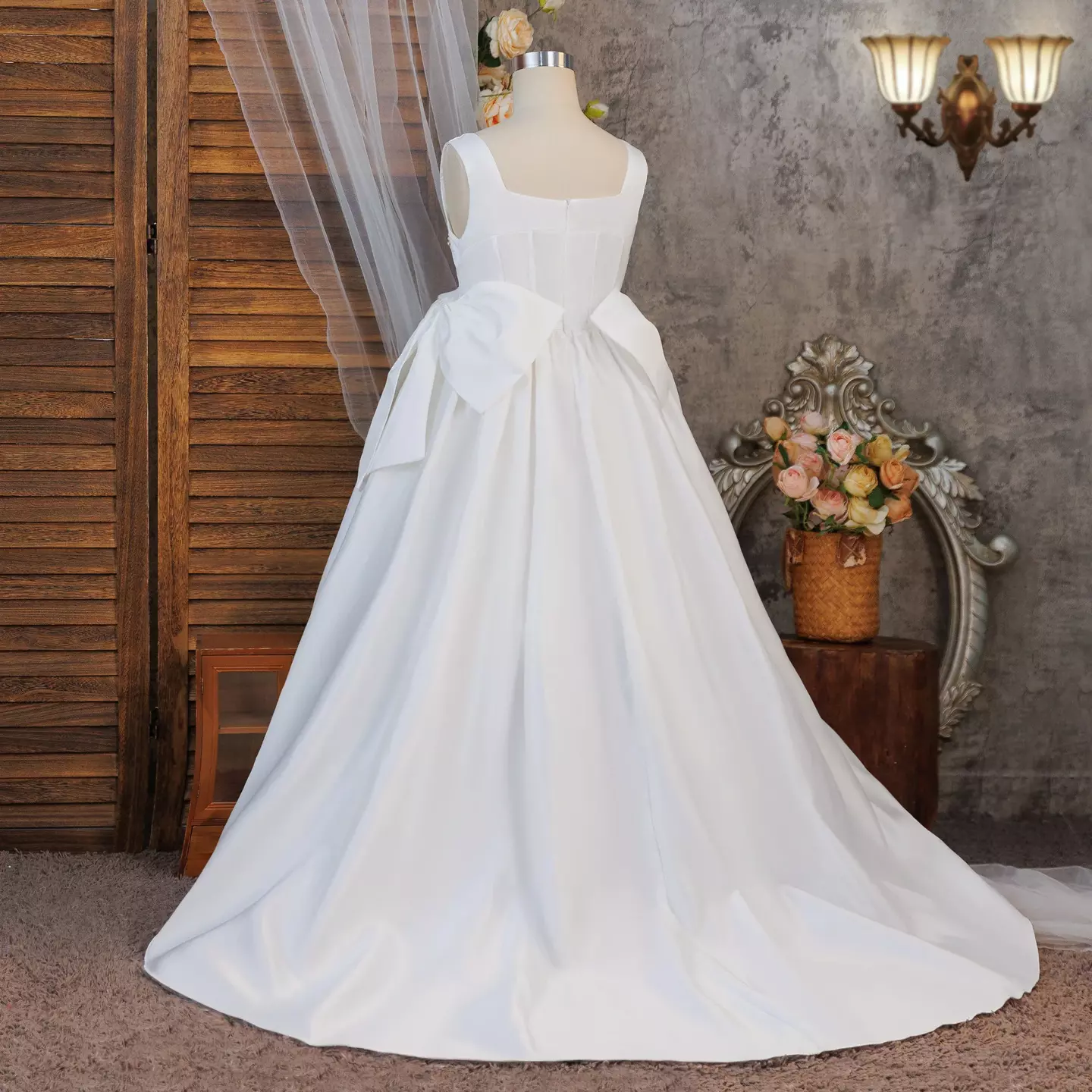 Guiomar White Satin Square Neck Bow Train Tea Length Communion Dress