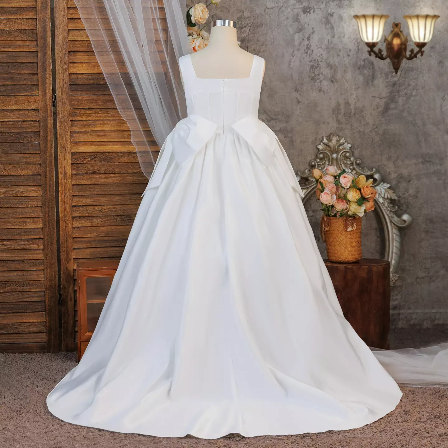 Guiomar White Satin Square Neck Bow Train Tea Length Communion Dress