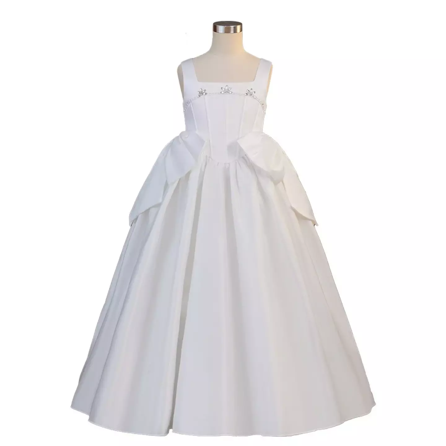Guiomar White Satin Square Neck Bow Train Tea Length Communion Dress