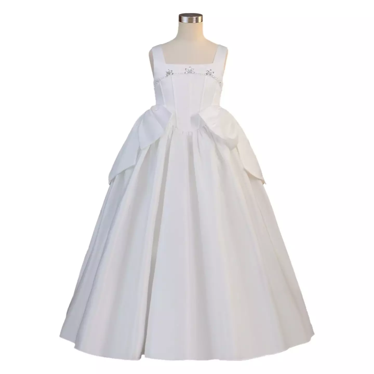 Guiomar White Satin Square Neck Bow Train Tea Length Communion Dress