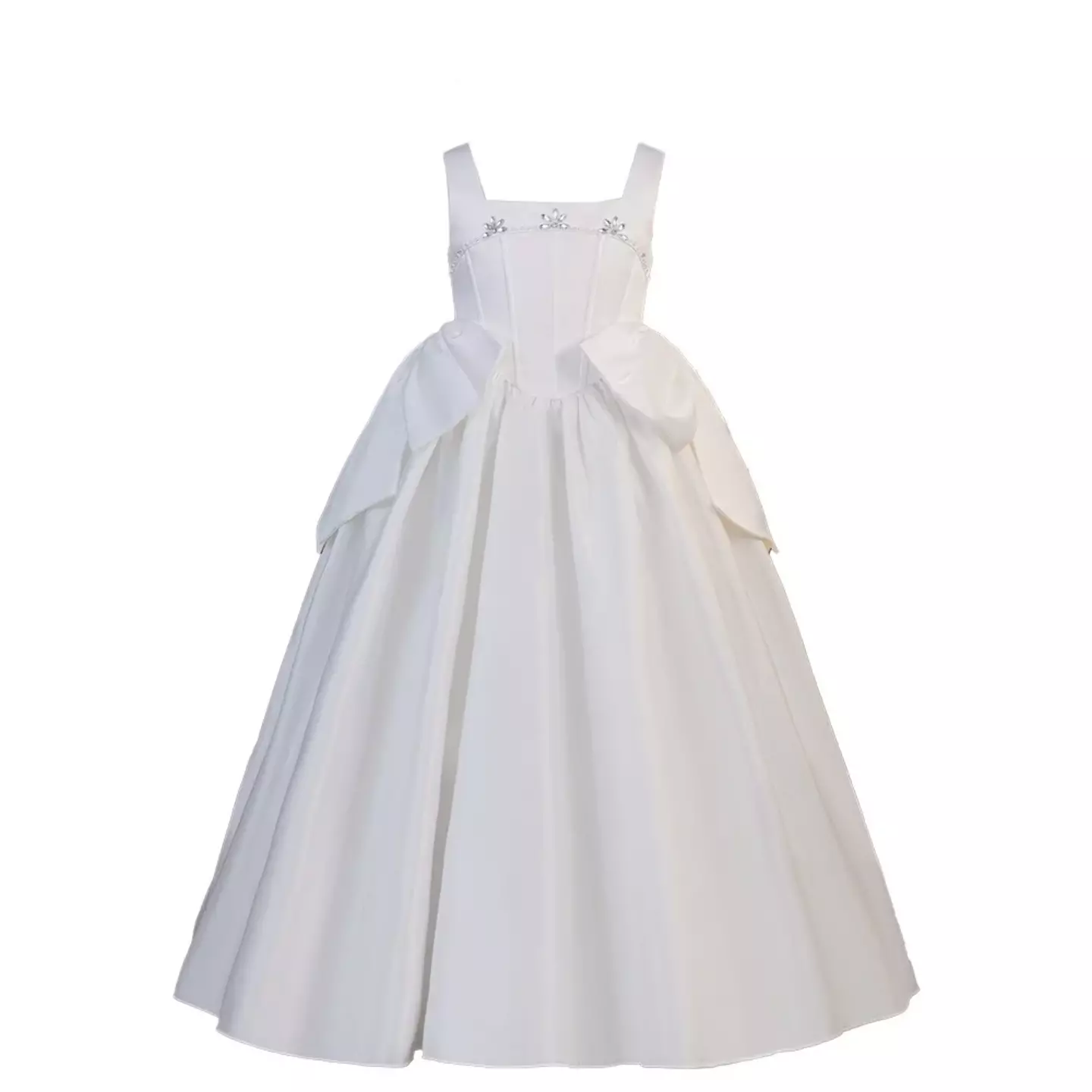 Guiomar White Satin Square Neck Bow Train Tea Length Communion Dress