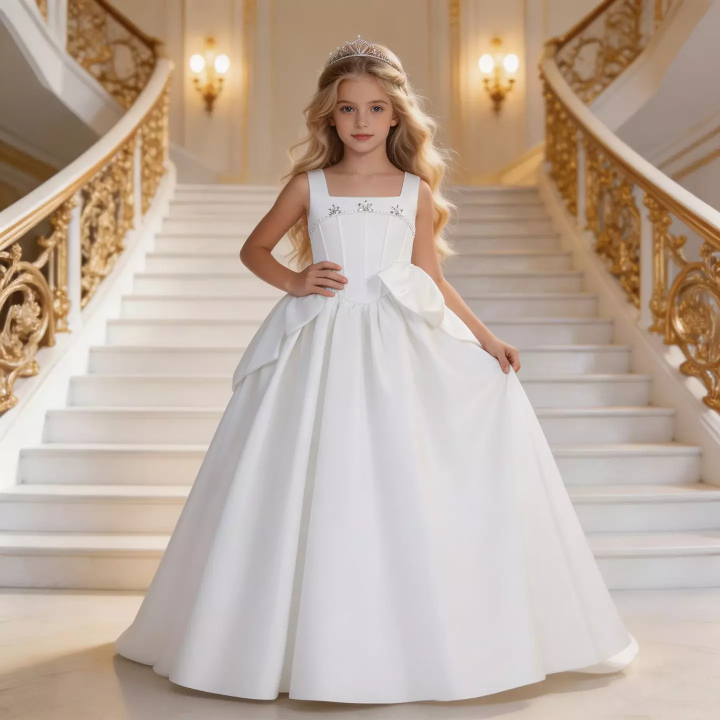 Guiomar White Satin Square Neck Bow Train Tea Length Communion Dress