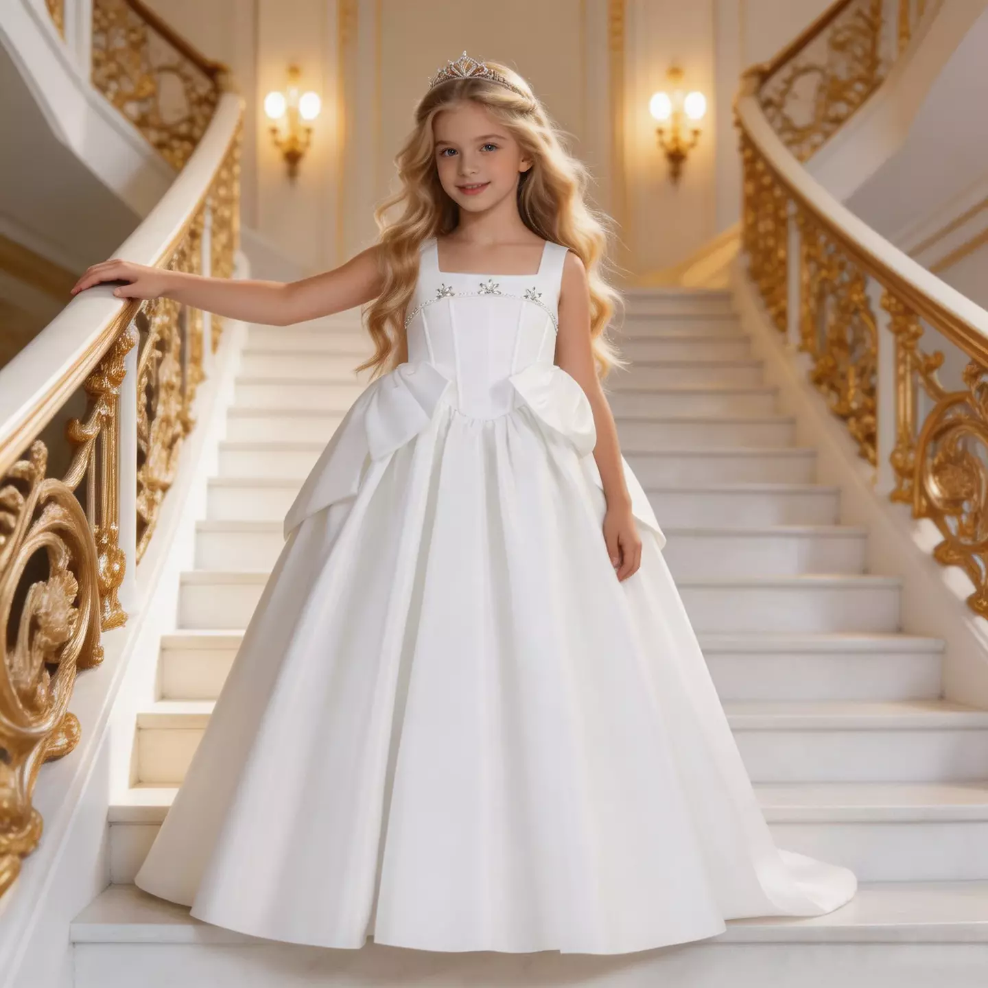 Guiomar White Satin Square Neck Bow Train Tea Length Communion Dress