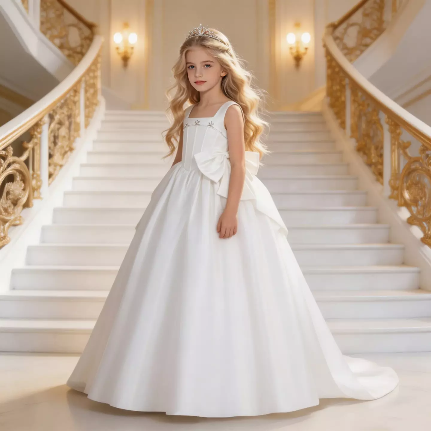 Guiomar White Satin Square Neck Bow Train Tea Length Communion Dress