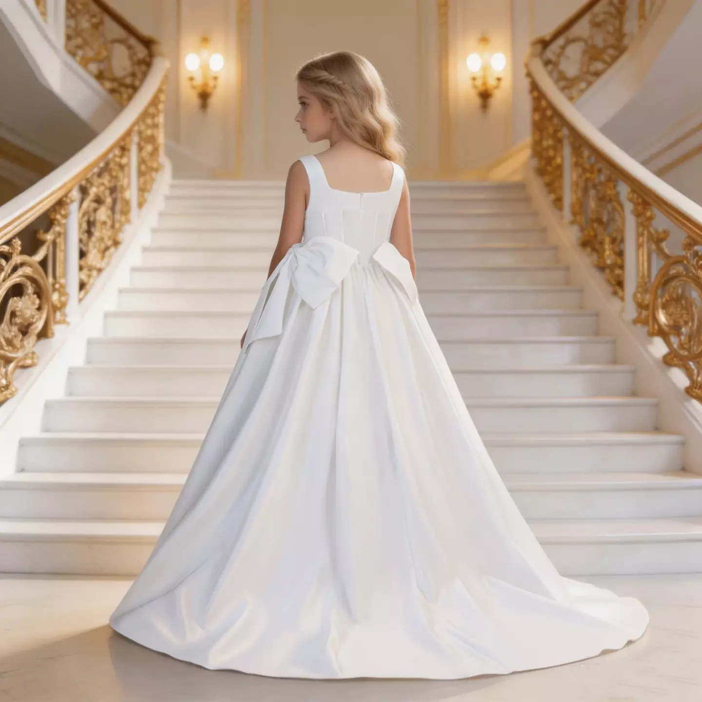 Guiomar White Satin Square Neck Bow Train Tea Length Communion Dress