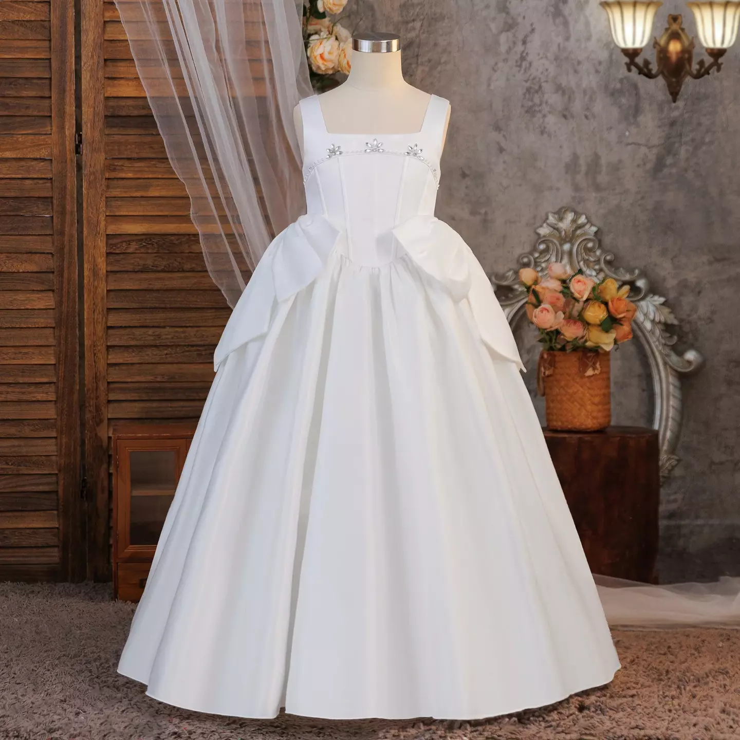 Guiomar White Satin Square Neck Bow Train Tea Length Communion Dress