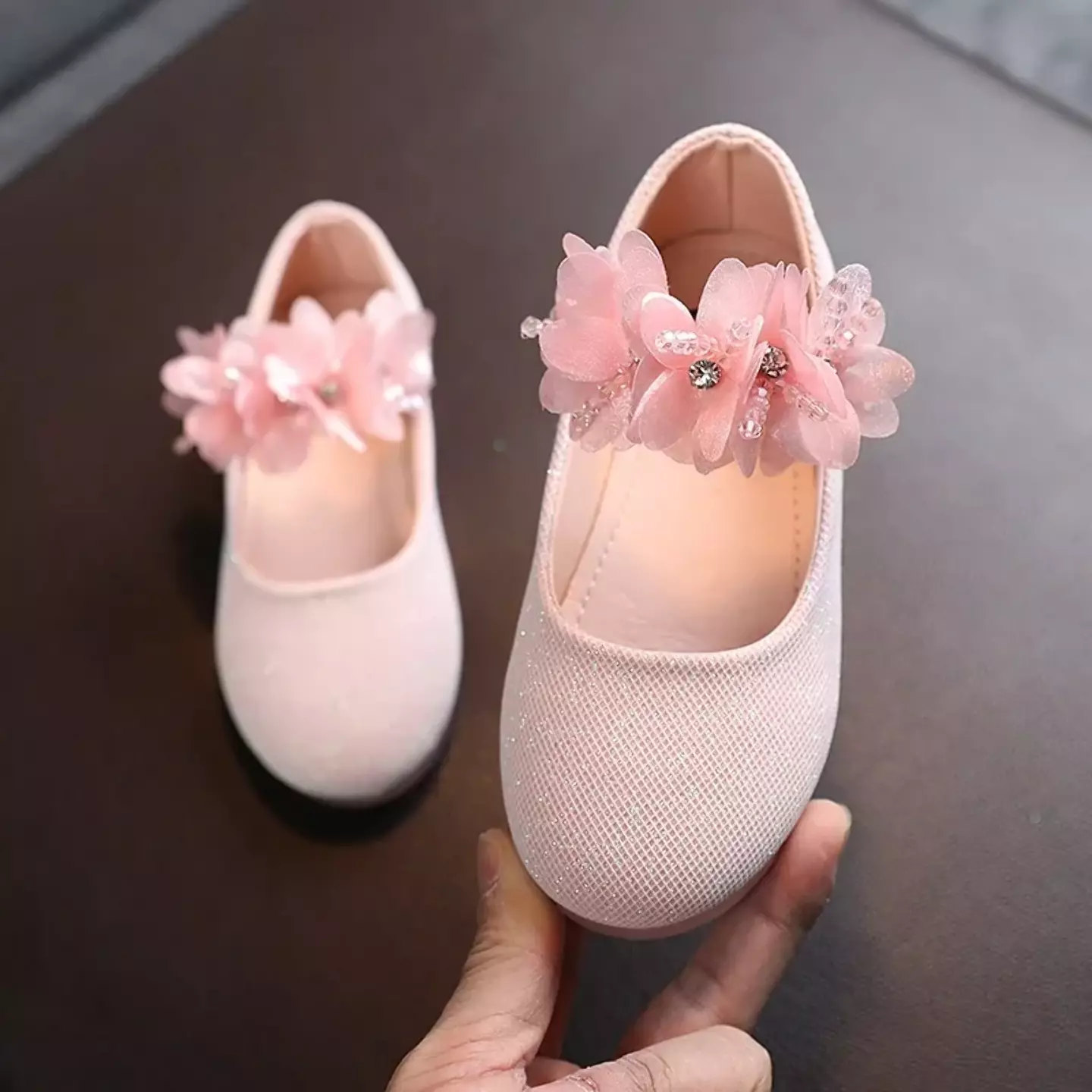 Baby & Young Girls Pink Chiffon Petal Clear Heel Party Shoes | Lucys 10746