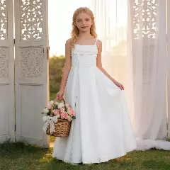 Zuleta White Satin Square Neck Lace-Up Back Tea Length Girls Party Dress