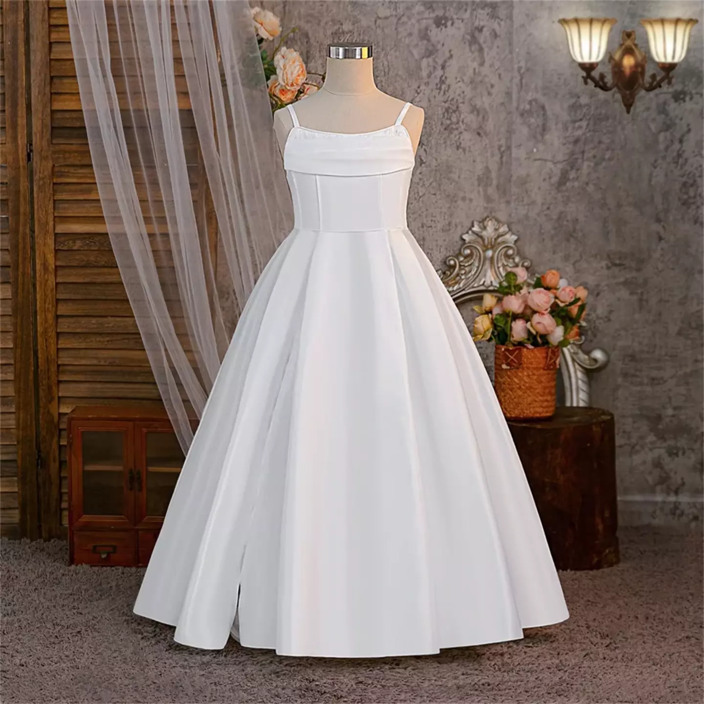 Zuleta White Satin Square Neck Lace-Up Back Tea Length Girls Party Dress