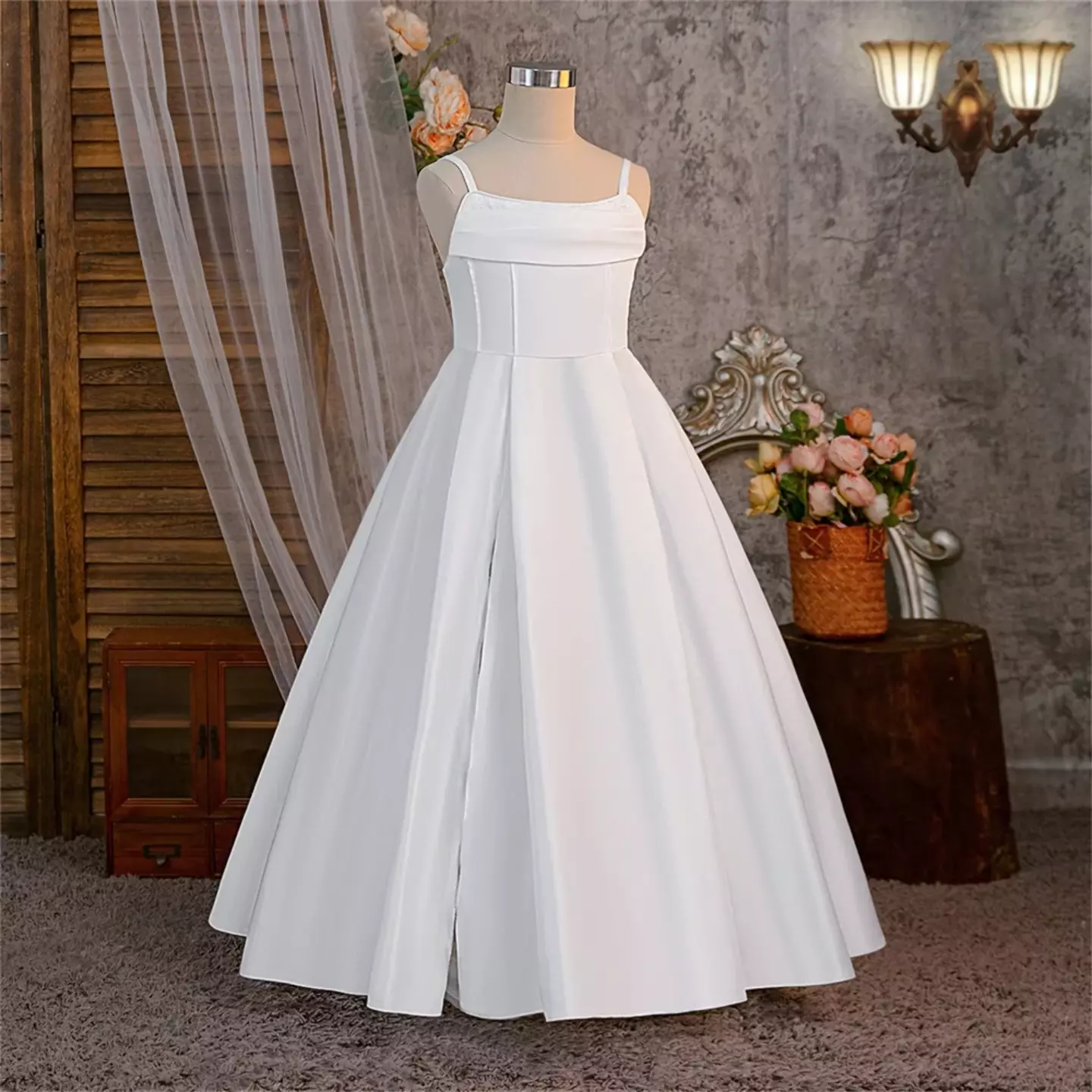 Zuleta White Satin Square Neck Lace-Up Back Tea Length Girls Party Dress