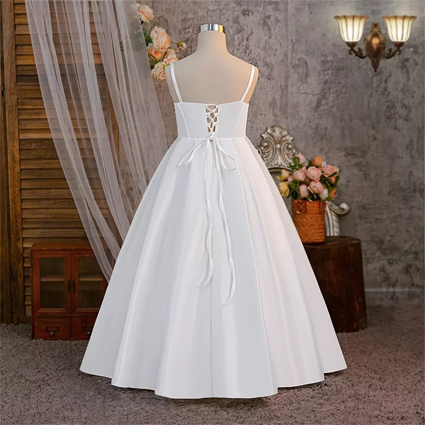 Zuleta White Satin Square Neck Lace-Up Back Tea Length Girls Party Dress