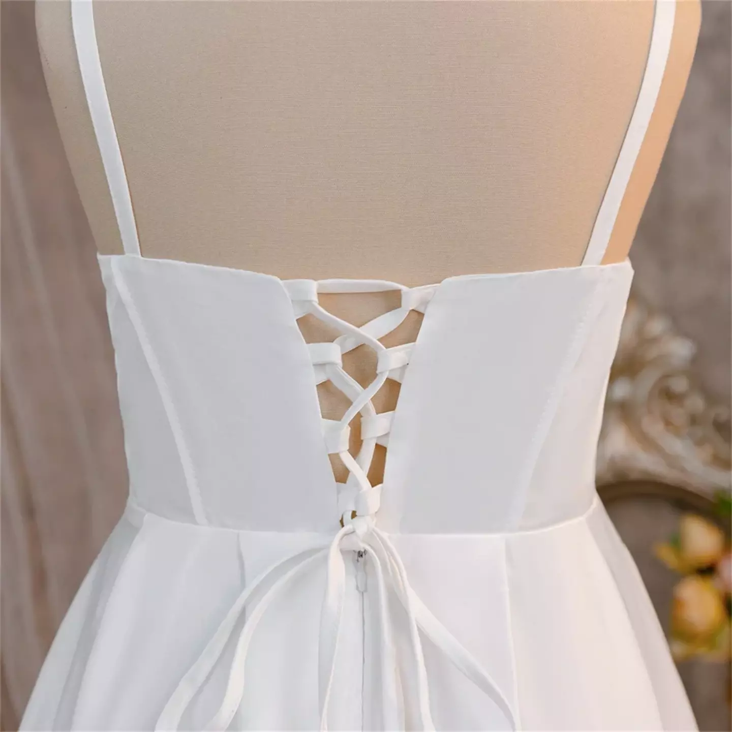 Zuleta White Satin Square Neck Lace-Up Back Tea Length Girls Party Dress