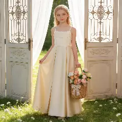 Zuleta Champagne Satin Square Neck Lace-Up Back Tea Length Girls Party Dress