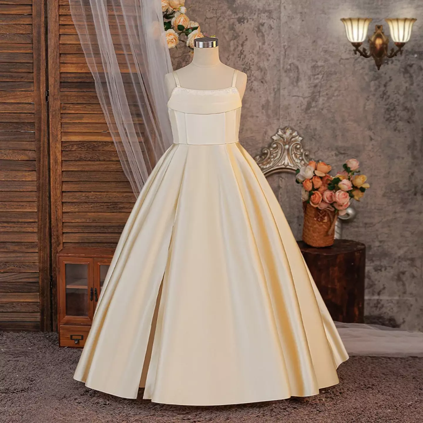 Zuleta Champagne Satin Square Neck Lace-Up Back Tea Length Girls Party Dress