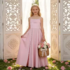 Zuleta Dusty Pink Satin Square Neck Lace-Up Back Tea Length Girls Party Dress