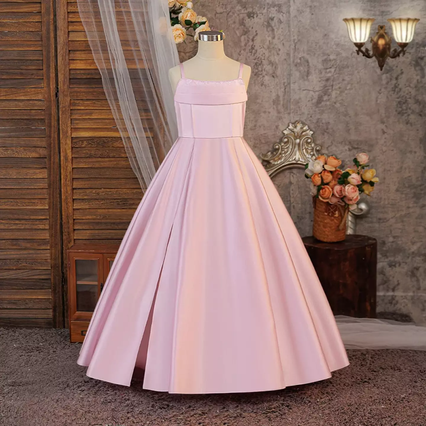 Zuleta Dusty Pink Satin Square Neck Lace-Up Back Tea Length Girls Party Dress