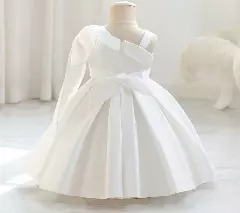Leeseo II White Satin One Shoulder Bow Tea Length Baby & Toddler Party Dress