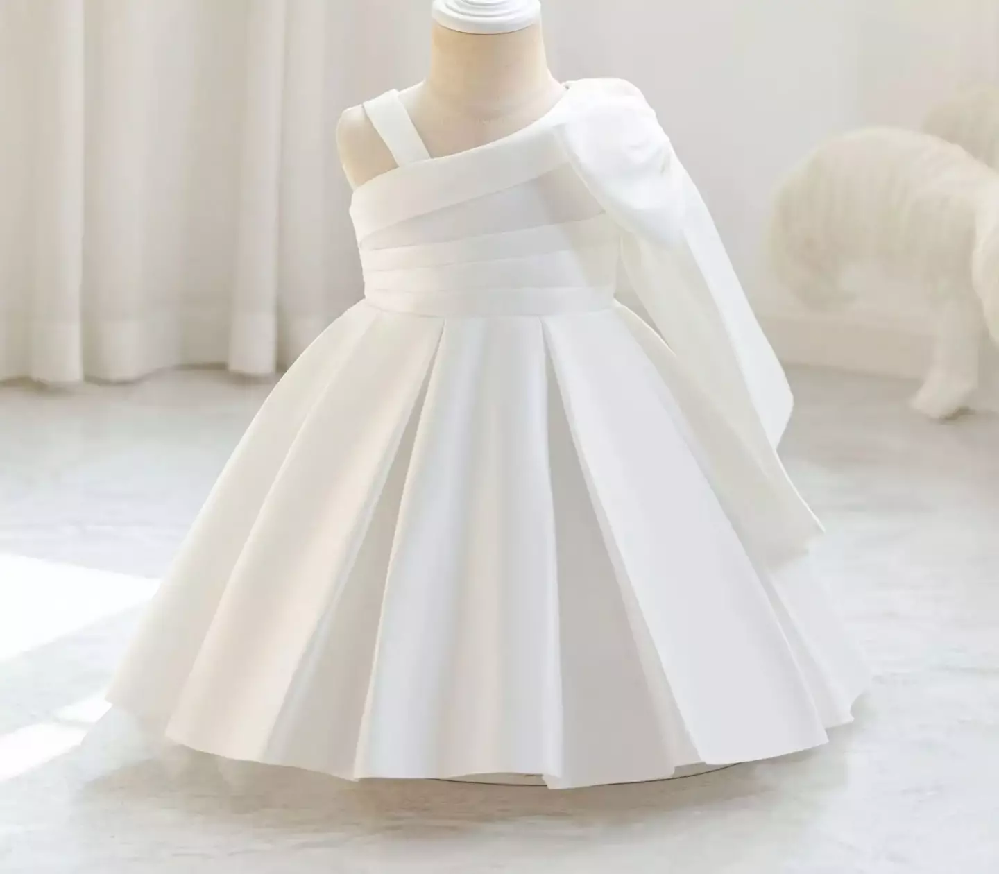 Leeseo II White Satin One Shoulder Bow Tea Length Baby & Toddler Party Dress