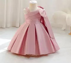 Leeseo II Dusty Pink Satin One Shoulder Bow Tea Length Baby & Toddler Party Dress