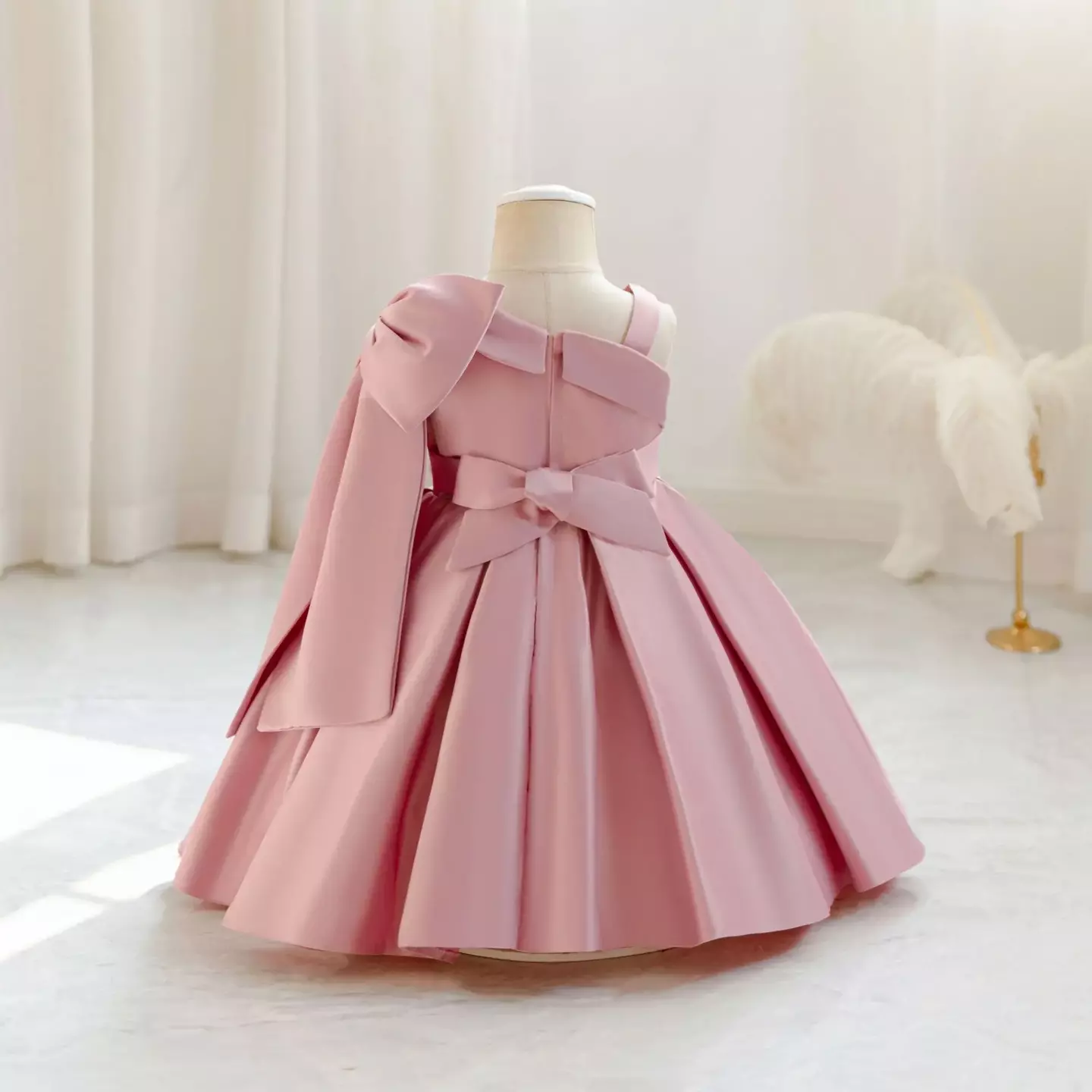 Leeseo II Dusty Pink Satin One Shoulder Bow Tea Length Baby & Toddler Party Dress