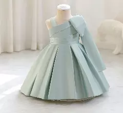 Leeseo II Sage Green Satin One Shoulder Bow Tea Length Baby & Toddler Party Dress