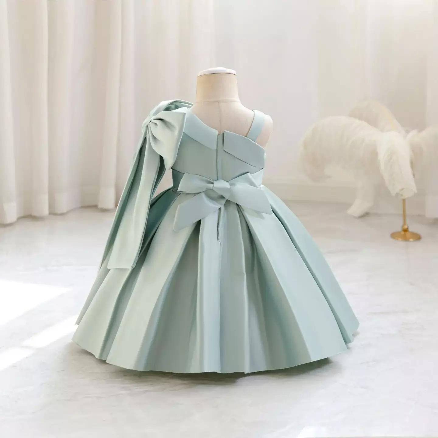 Leeseo II Sage Green Satin One Shoulder Bow Tea Length Baby & Toddler Party Dress