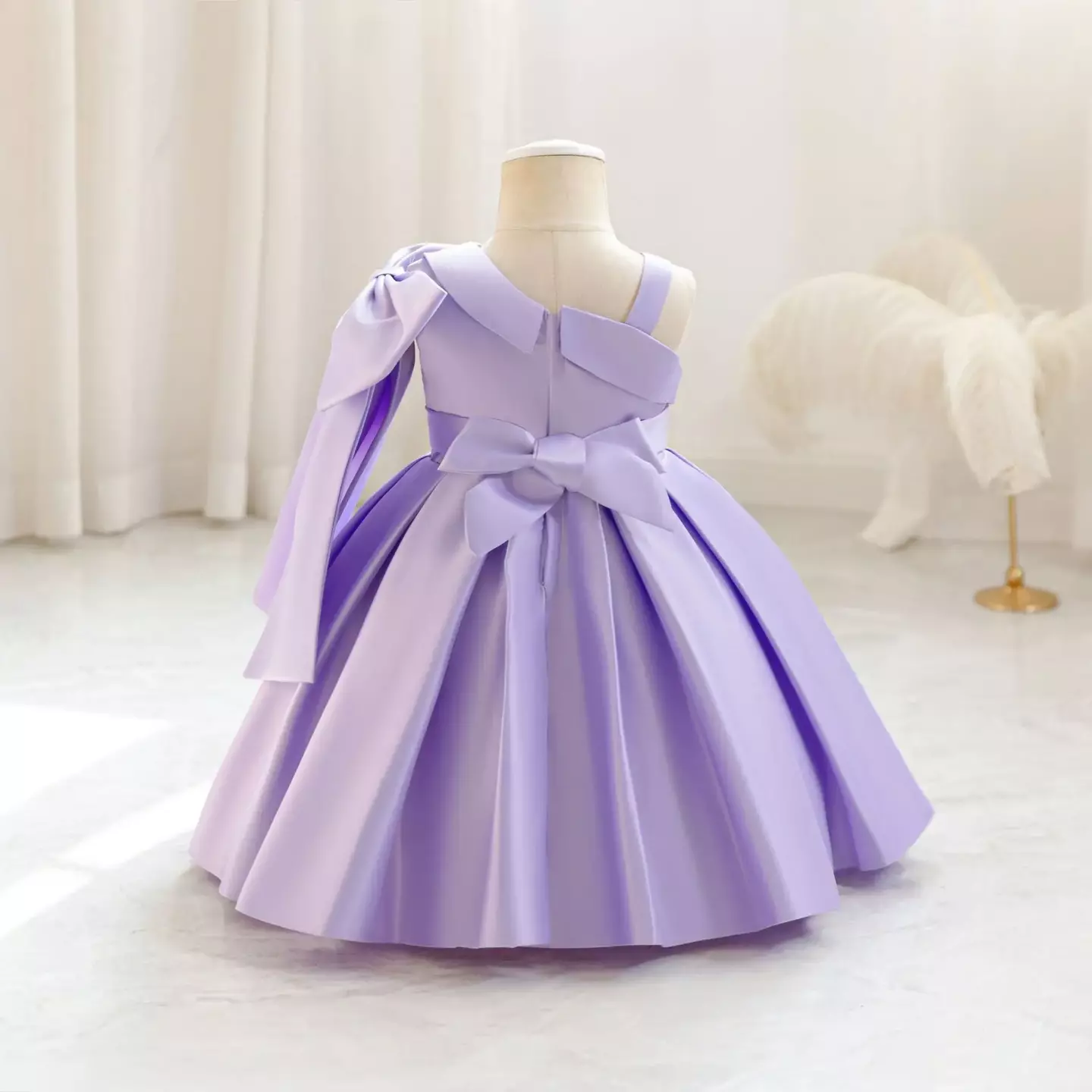 Leeseo II Lavender Satin One Shoulder Bow Tea Length Baby & Toddler Party Dress