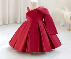 Leeseo II Maroon Satin One Shoulder Bow Tea Length Baby & Toddler Party Dress