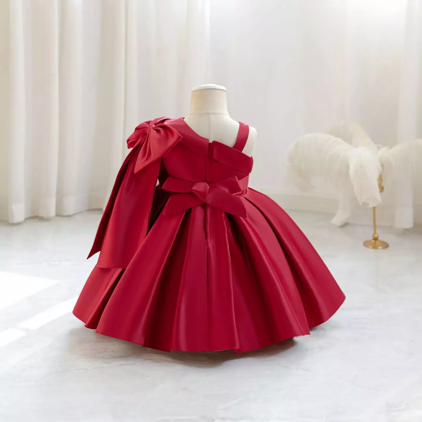 Leeseo II Maroon Satin One Shoulder Bow Tea Length Baby & Toddler Party Dress